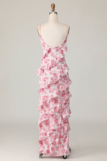 Blush Floral Sheath Spaghetti Straps Ruffled Long Bridesmaid Dress with Slit